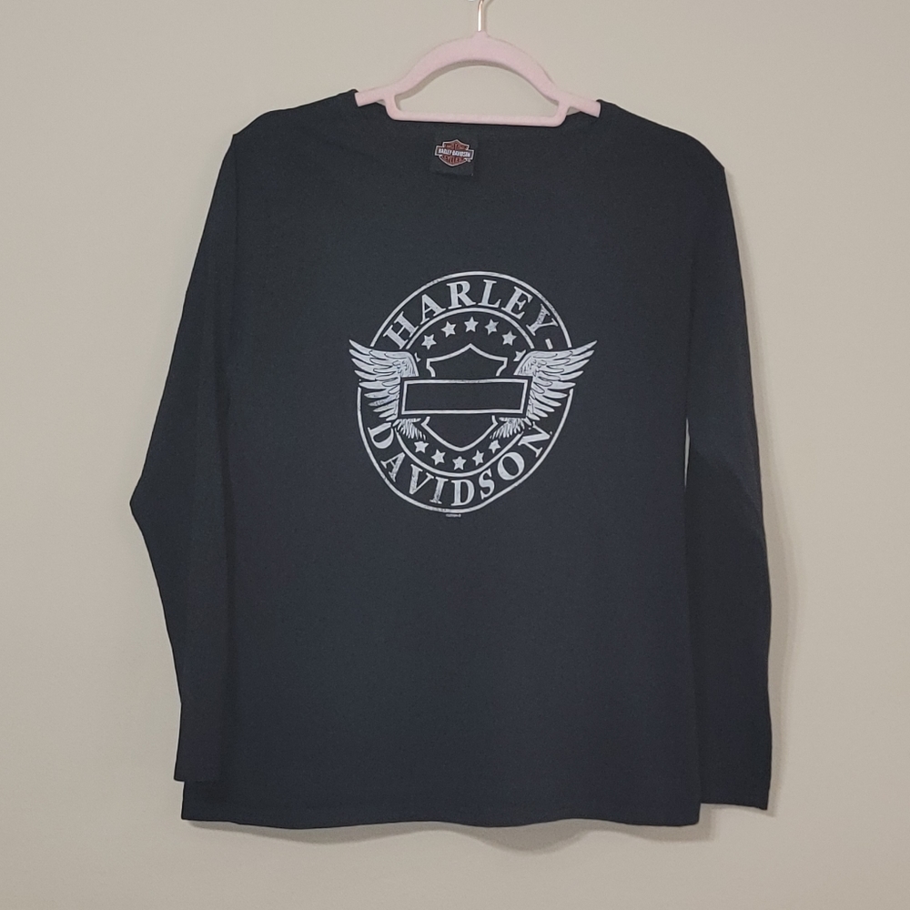 Harley Davidson Motorcycles Black Golden Spike Crew Long Sleeve Shirt, Large